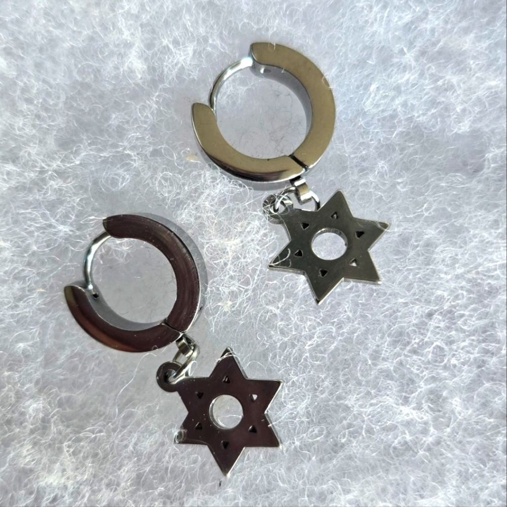 LEVERBACK STAR OF DAVID STAINLESS STEEL FOREVER WEAR SILVER HYPERGENIC EARRINGS
